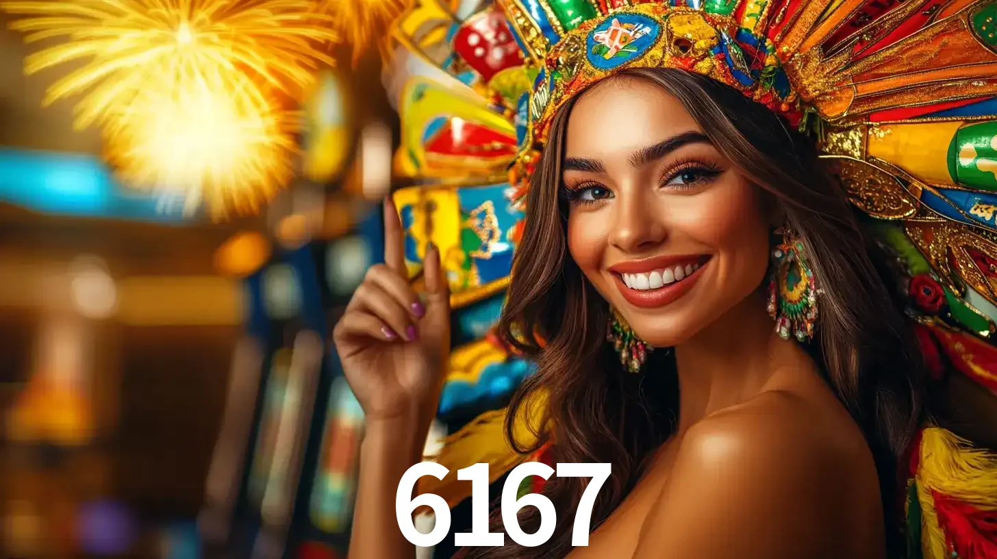Mulher sorridente com um cocar de carnaval vibrante e colorido, celebrando uma grande vitória nos jogos do cassino 6167 com fogos de artifício ao fundo.