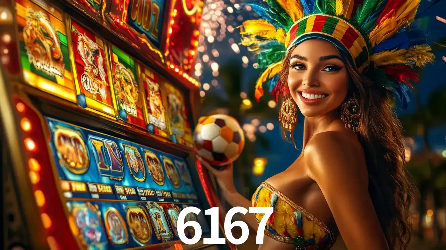 Mulher com um cocar de carnaval ao lado de uma máquina de caça-níqueis enquanto segura uma bola de futebol, mostrando a união da diversão de cassino e esportes no 6167.