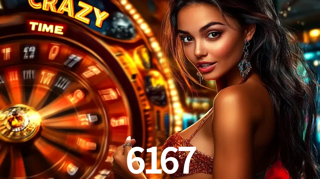Mulher ao lado da roda de prêmios do jogo de cassino ao vivo Crazy Time, um dos shows de jogos mais emocionantes oferecidos pela plataforma de apostas 6167.