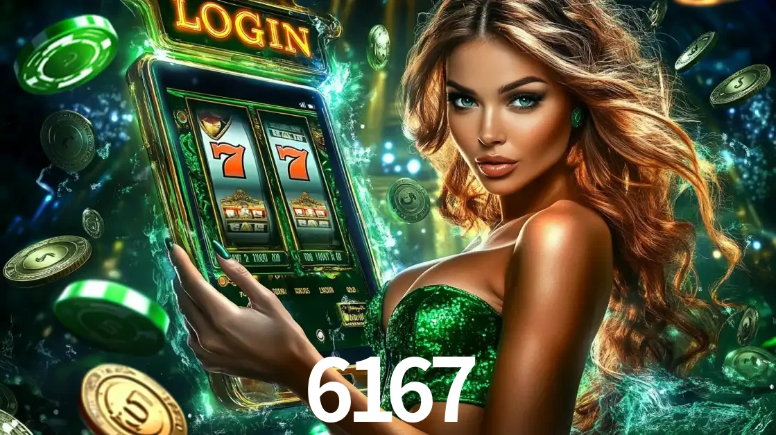 Mulher com tema verde apresentando o aplicativo do cassino 6167 com um jogo de slot de 777, cercada por fichas de cassino e uma aura de sorte.