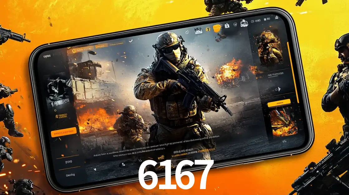Um smartphone exibindo a interface de um jogo de tiro em primeira pessoa, com um soldado em um cenário de batalha, representando a ação dos e-sports para apostar no 6167.