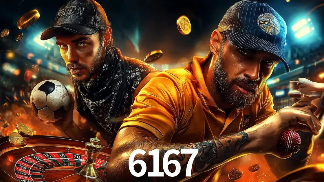 Montagem de apostas esportivas e cassino no 6167, com um homem segurando uma bola de futebol e outro uma de beisebol sobre uma roleta e moedas voadoras.
