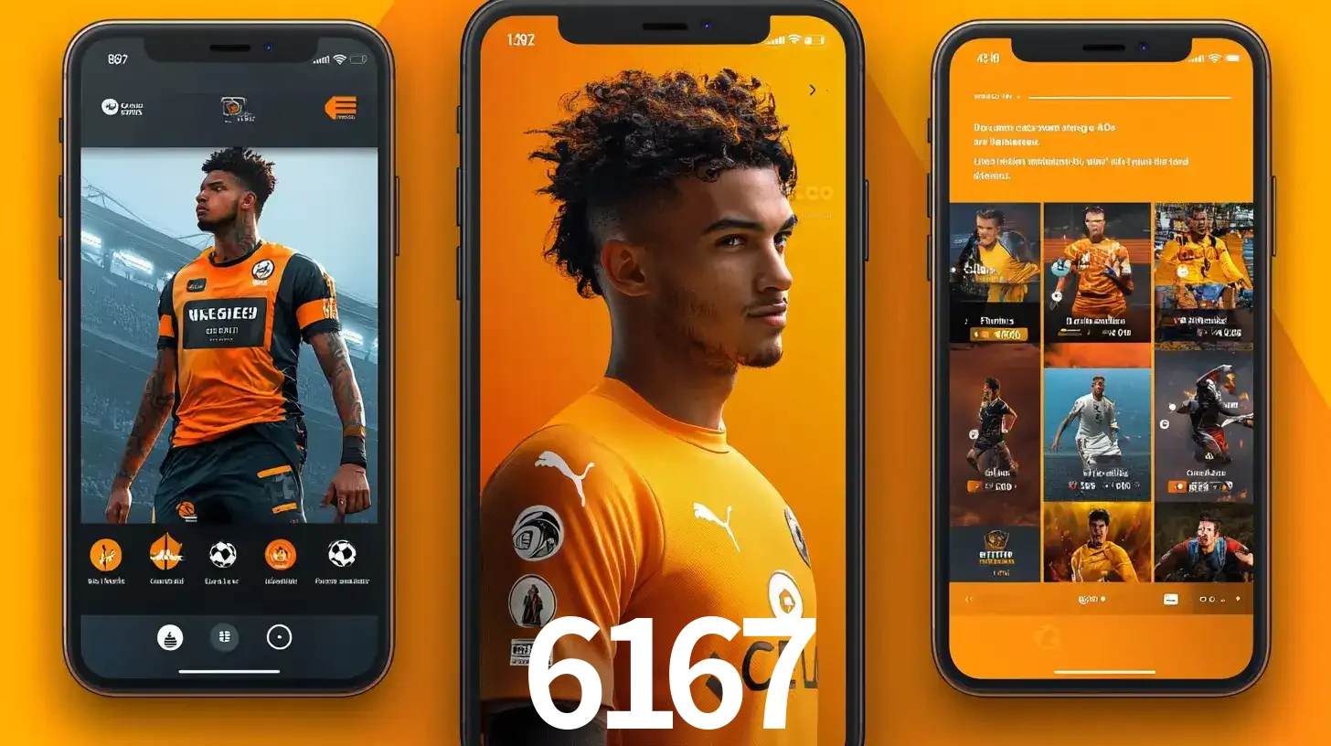 Interface do aplicativo de apostas esportivas 6167 em três telas de celular, mostrando o perfil de um jogador de futebol e a lista de jogos disponíveis para apostar.