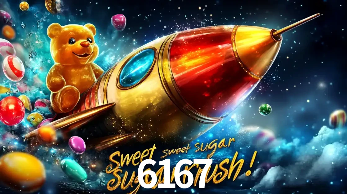 Arte promocional do jogo de slot Sugar Rush, com um urso de pelúcia em um foguete viajando pelo espaço de doces, um dos jogos divertidos disponíveis no cassino 6167.