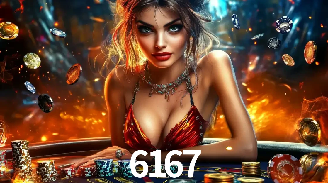 Mulher em uma mesa de cassino com pilhas de fichas e um fundo de fogo, pronta para uma rodada de altas apostas nos jogos de mesa emocionantes do cassino 6167.