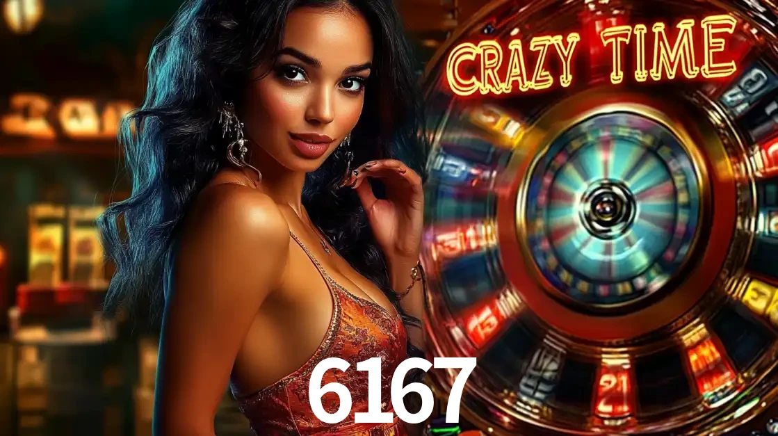 Mulher elegante ao lado da vibrante roda da fortuna do jogo de cassino ao vivo Crazy Time, um dos game shows mais populares e cheios de prêmios do 6167.