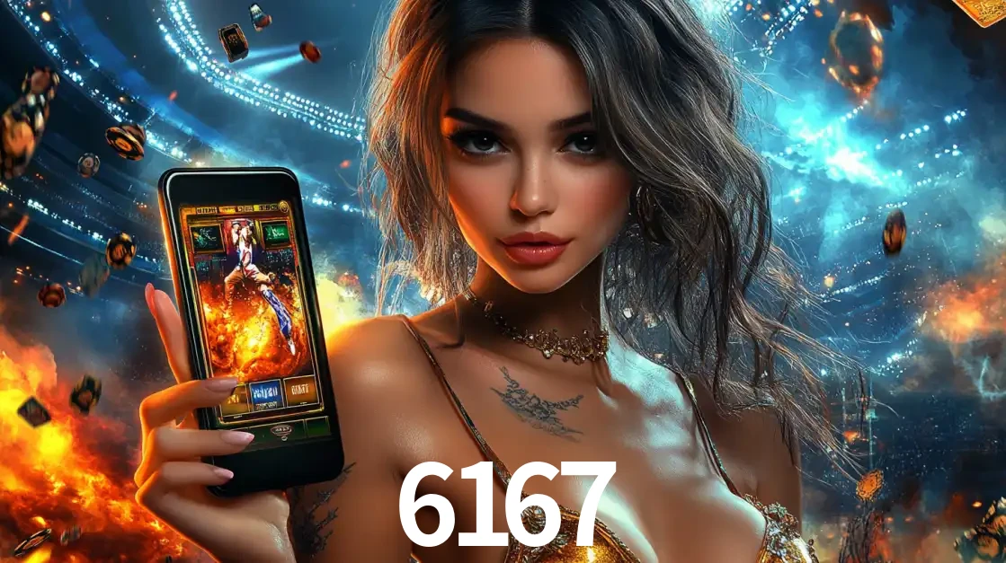 Mulher segurando um celular com um jogo de slot em destaque, tendo como fundo um estádio vibrante, simbolizando a emoção de jogar no cassino móvel 6167.
