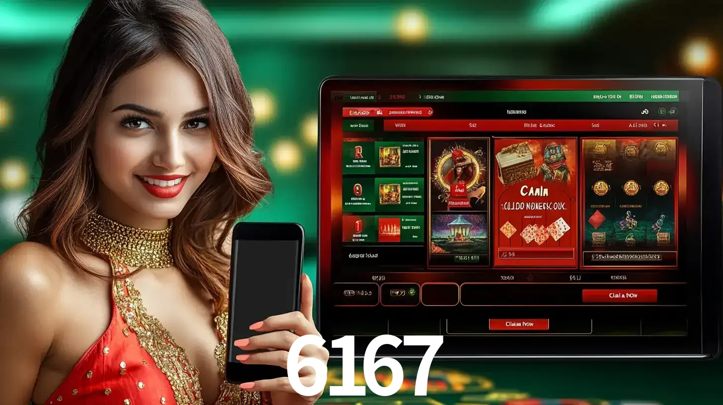 Mulher sorridente segurando um smartphone, ao lado de uma tela exibindo o lobby de jogos do cassino online 6167, com várias opções de jogos de cartas e slots.